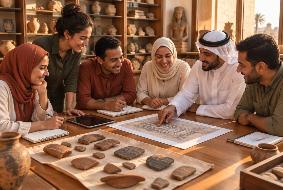 مجموعة من الأثريين وأمناء المتاحف يتناقشون حول طاولة عليها قطع فخارية ومخطّط موقع