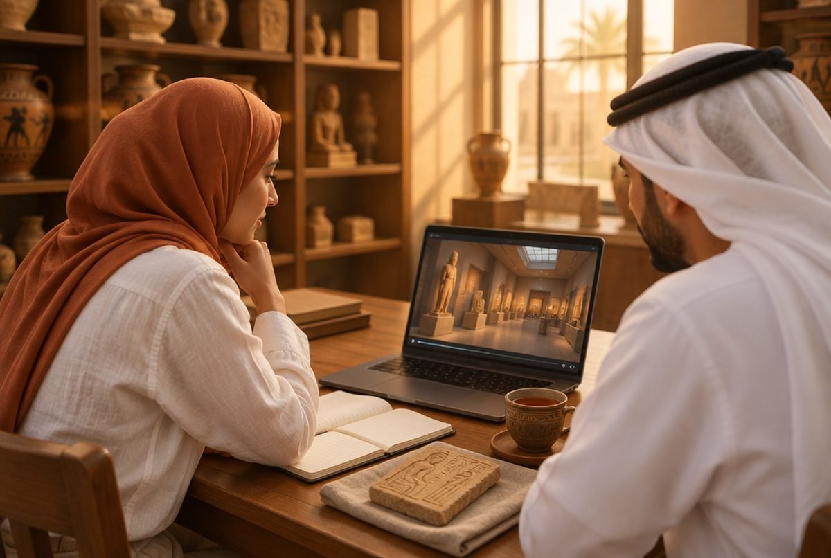 متعلّمان يتابعان درسًا عن المتاحف على اللابتوب بجانب نقش حجري