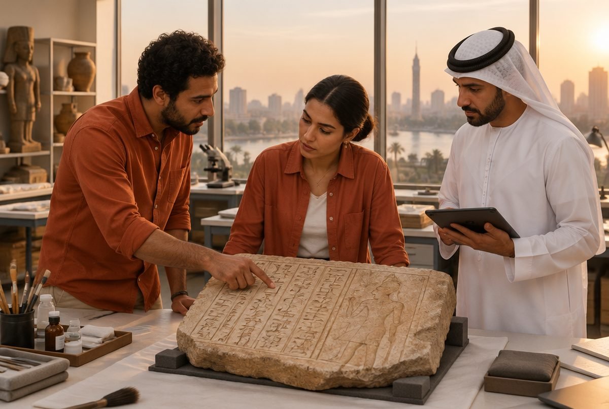 ثلاثة أثريين يناقشون نقشًا حجريًّا في معمل متحف