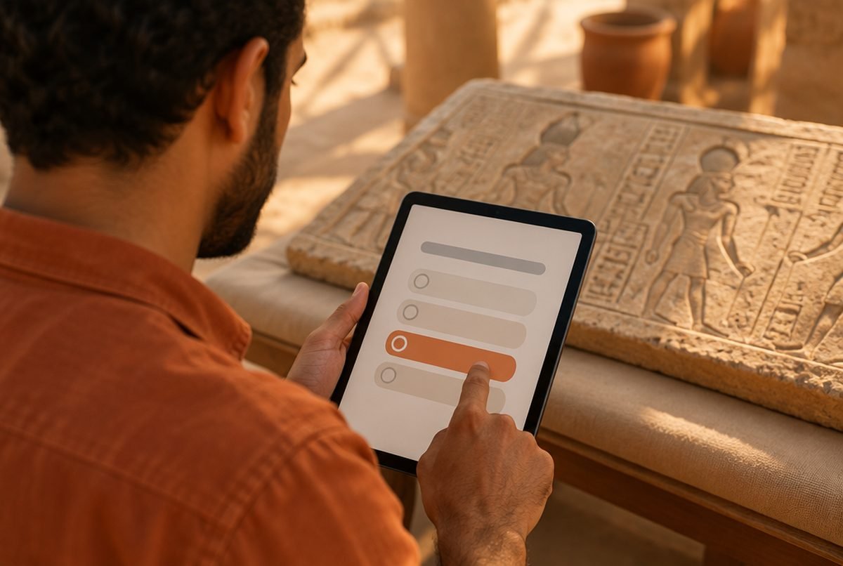 متعلّم يجيب على اختبار على التابلت أمام نقش حجري